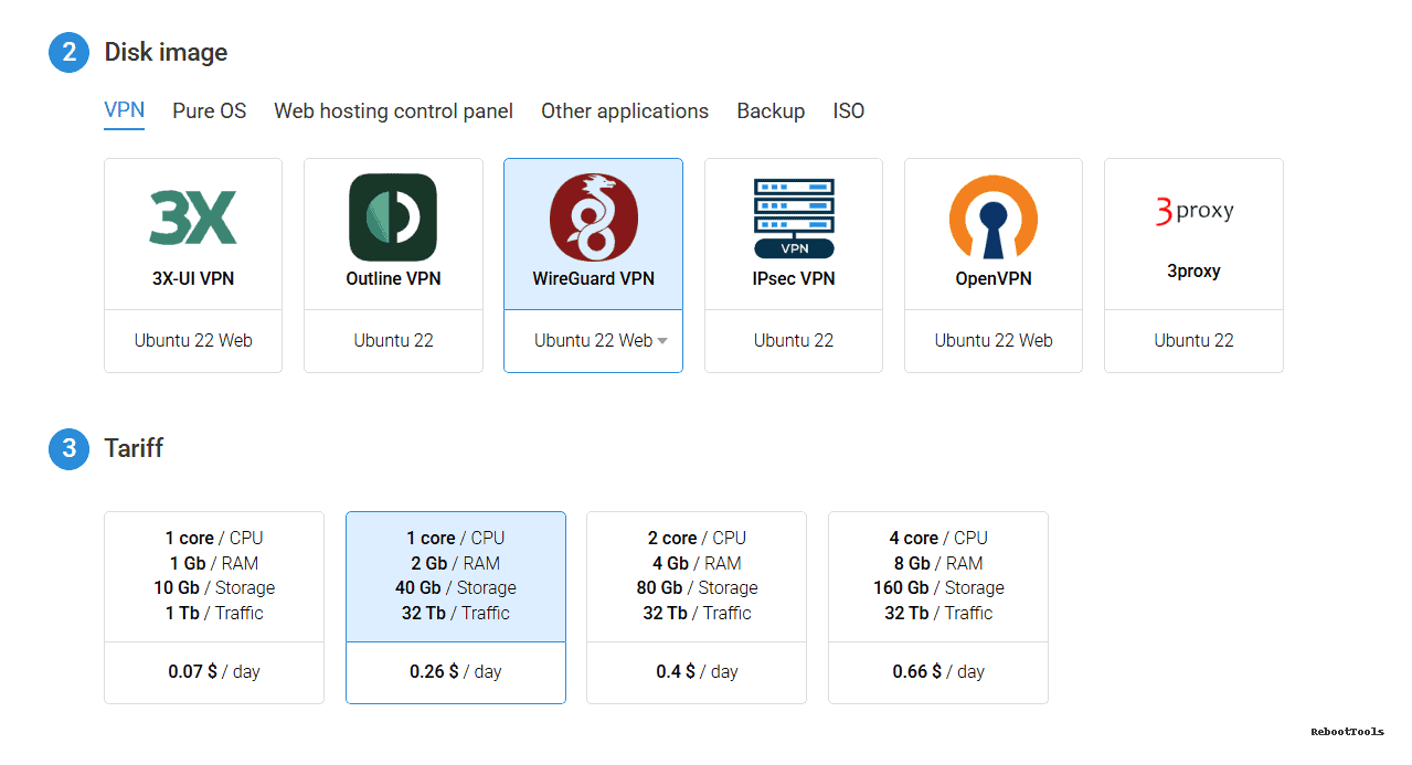Choose tariff and WireGuard template