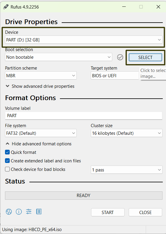 Rufus main window with device detected