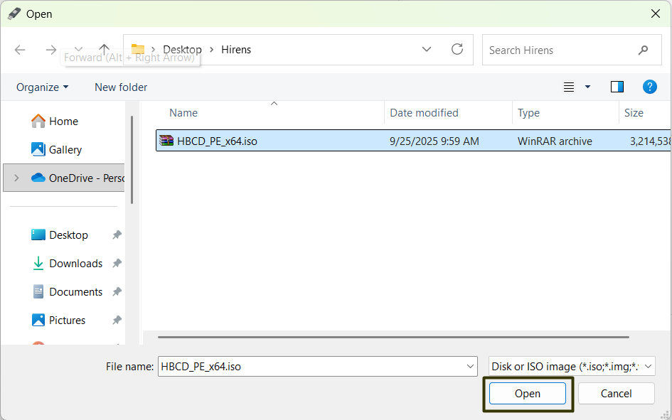Selecting the ISO file in Rufus