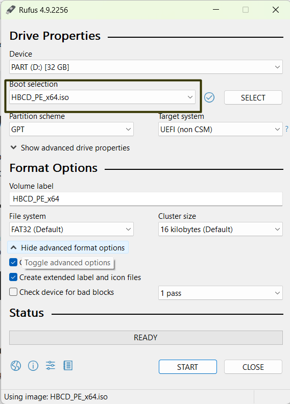 Hiren’s BootCD ISO loaded in Rufus