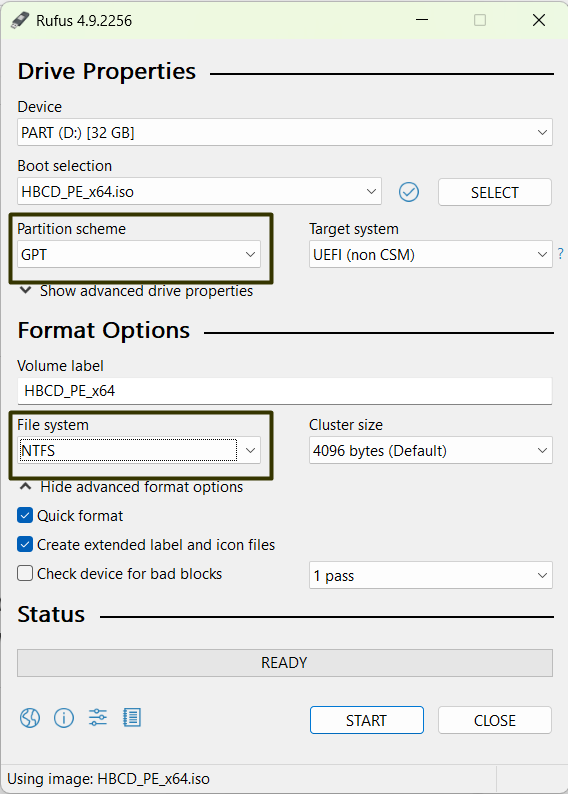 Partition scheme and file system settings in Rufus