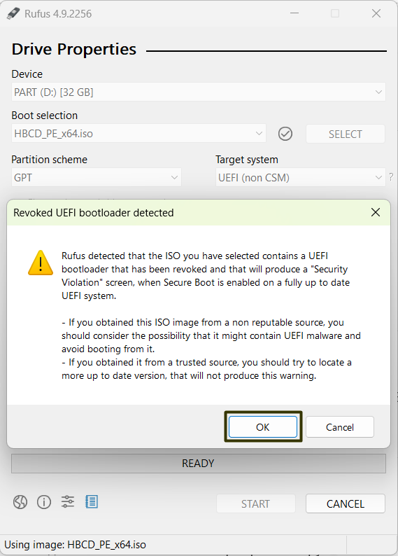UEFI bootloader warning in Rufus