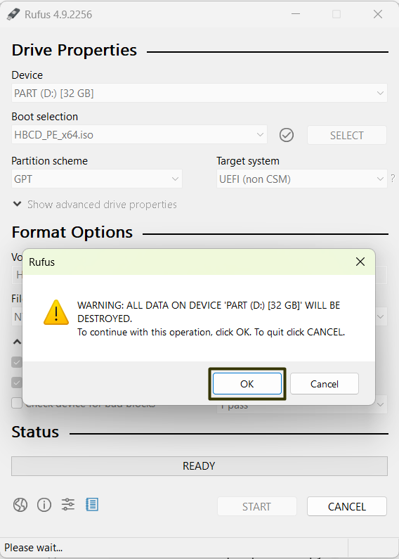 Data erase warning in Rufus
